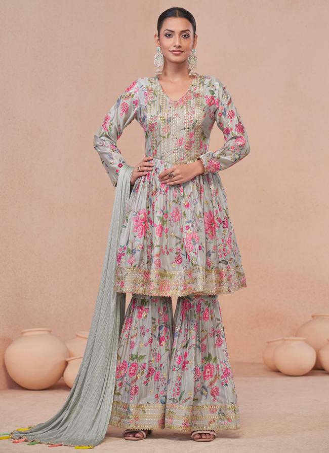 Real Chinnon Sky Blue Wedding Wear Printed Readymade Sharara Suit